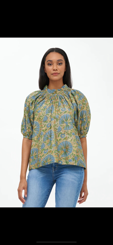 Oliphant Smocked Neck Top-Ankara Blue