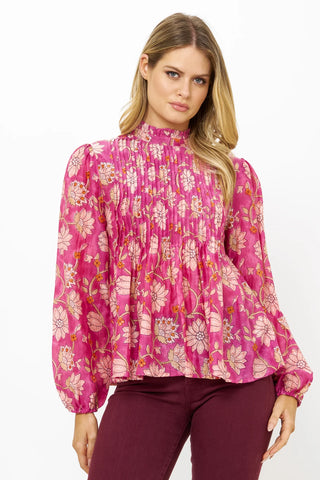 Oliphant Pin Tuck Blouse- Presidio Magenta