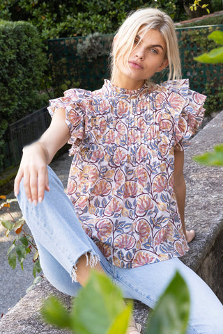 Oliphant Pin Tuck Ruffle Top- Montenegro Coral