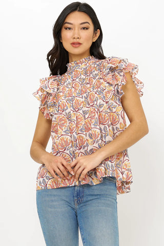 Oliphant Pin Tuck Ruffle Top- Montenegro Coral