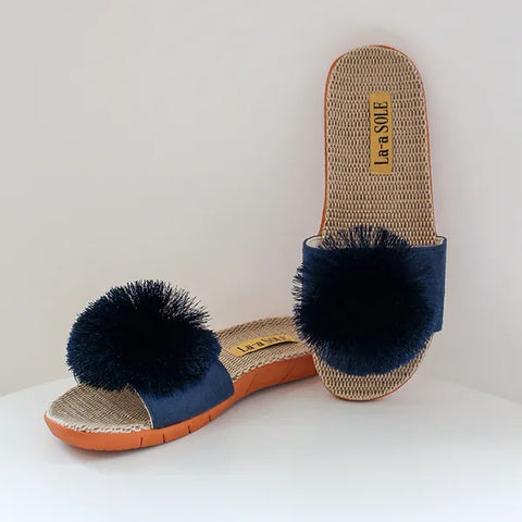 La-a Sole pom pom sandals NAVY